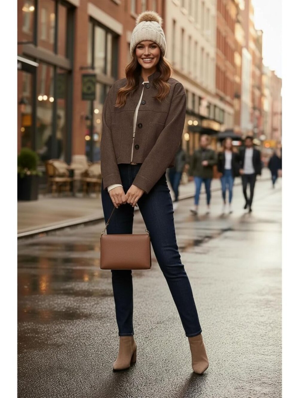 Women's Coffee Chic Faux Suede Oversized Button-Down Cropped Motorcycle Jacket - Picture 5 of 5